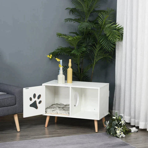 Rootz Cat Cave - Cat Cave House - Cat Litter Box Cabinet - Cat Condo - Wood - White - 75 x 40 x 55 cm