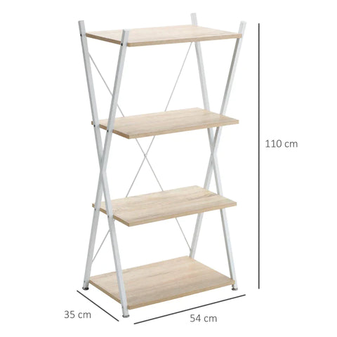 Rootz Bookshelf - X-shape Standing Shelf With 4 Levels Storage Rack - Living Room - Bedroom - Kitchen - Office - Chipboard - Metal - Natural - 54 x 35 x 110 cm