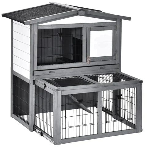 Rootz Small Animal Hutch - Rabbits Hutch - Hutch With Freewheel - 2-tier Fir Wood Outdoor Hutch - Grey/White