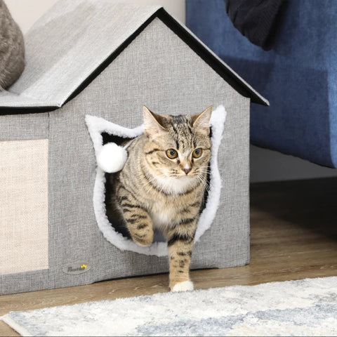 Rootz Cat House With Scratching Surface - Including Play Ball - Cat Cave - Imitation Linen - Brown + White + Beige - 65 cm x 41 cm x 45.5 H cm