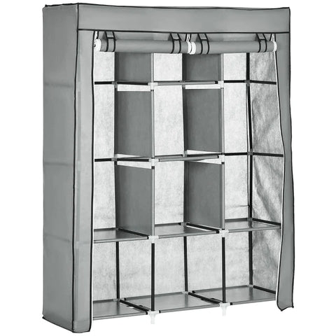 Rootz Storage Cabinets - Fabric Closet - Non-woven Fabric - Laundry Room - Storage Solution - 8 Shelves - 2 Clothes - Rails - Plastic - Light gray - 125L x 43W x 162.5H cm