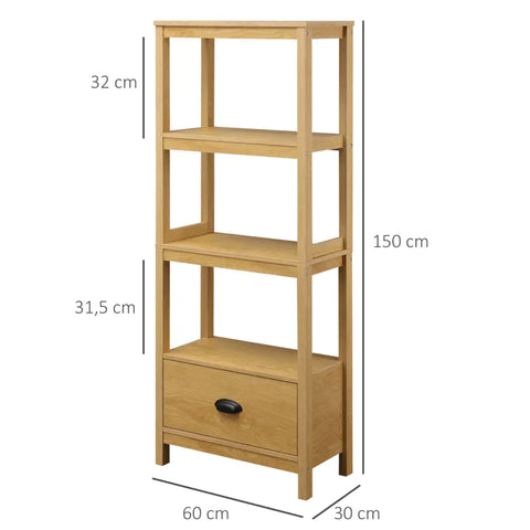 Rootz Storage Rack - Bookshelf  - Beach Shelf - 3 Tiers Shelf With Drawer - Oak - 60 cm x 30 cm x 150 cm