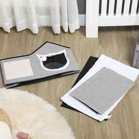 Rootz Cat House With Scratching Surface - Including Play Ball - Cat Cave - Imitation Linen - Brown + White + Beige - 65 cm x 41 cm x 45.5 H cm