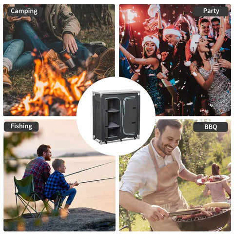 Rootz Camping Cupboard Portable Kitchen Box - Gray - Aluminium, Fabric, Mdf - 37.79 cm x 19.48 cm x 40.94 cm