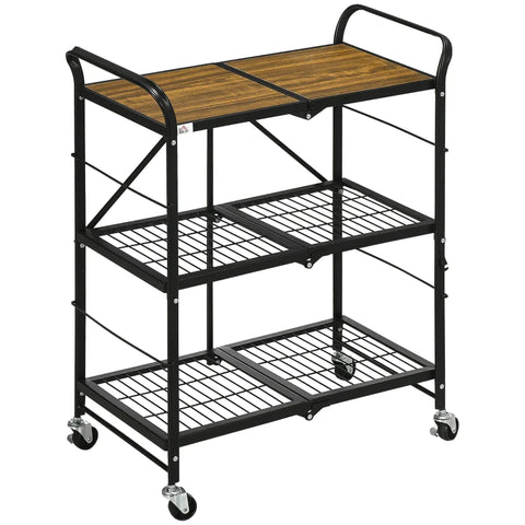 Rootz Industrial Design Kitchen Trolley - 3 Shelves - Multi-Purpose Trolley - Serving Trolley - 4 Wheels - Folding - MDF - Brown + Black - 68L x 35W x 85H cm