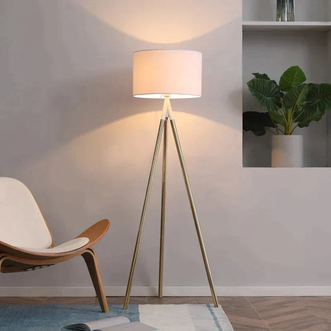 Rootz Floor Lamp - Tripod Floor Lamp - Modern Floor Lamp With E27 Socket - Living Room - Bedroom - Study - White + Gold - 53 cm x 53 cm x 144 cm