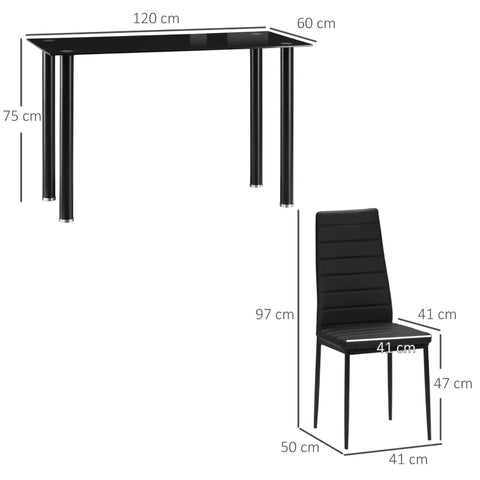 Rootz 5 Pcs. Dining Group - Table + 4 Chairs - Tempered Glass Top - Steel Frame - Imitation Leather Cover - Black
