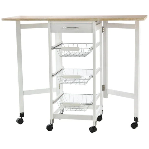 Rootz Kitchen Trolley - Drop-leaf Kitchen Trolley - Baskets Drawer - 6 Wheels Rolling Storage Unit - Kitchen - Home - Dining Cart - White/Brown - 97.2 cm x 37 cm x 77.5 cm