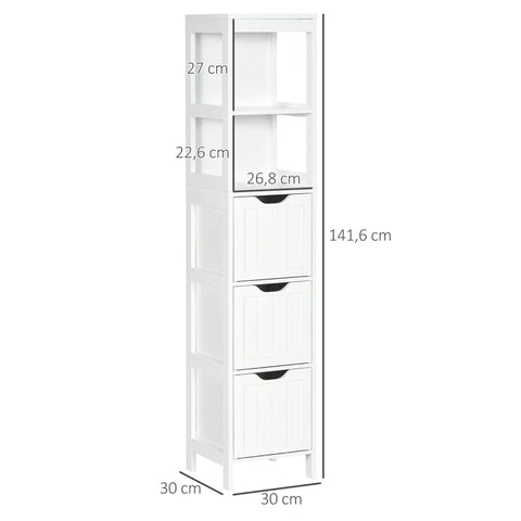 Rootz Bathroom Cabinet - 2 Shelves - Anti-tip Design - 3 Drawers - Water Resistant - Compact - Tall Cabinet -  MDF Wood - White - 30L x 30W x 141.6H cm