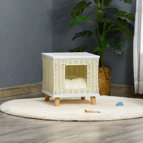 Rootz Kattenhuis - Kattenhol met Kussen - Kattenslaapplaats - Rotan Kattenmand - Kattenhut - Kattenbed - Dierenbed - Beige + Wit + Natuur - 36 x 36 x 40 cm