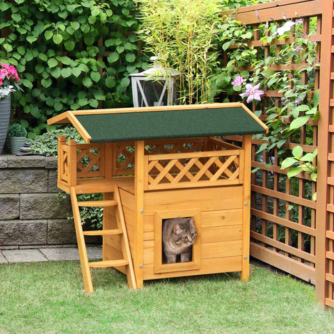 Rootz Small Animal Hutch - Cat House - Rabbit Hutch - Cat Cave - Bunny Cage - Fir Wood - Natural/Green - 77 x 50 x 73 cm