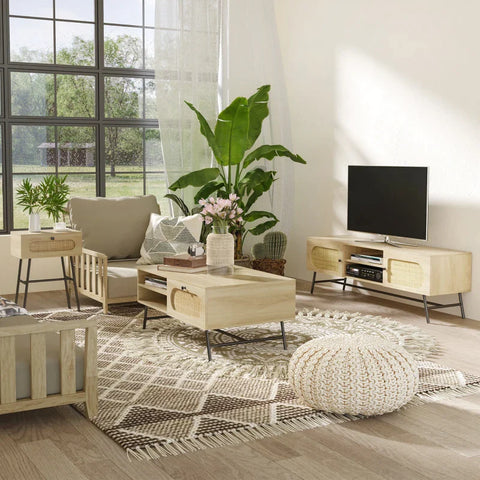 Rootz Side Table With Drawer - Rattan Decor - Natural Wood Look - Chipboard - Natural Wood - 45 x 29 x 61.5cm