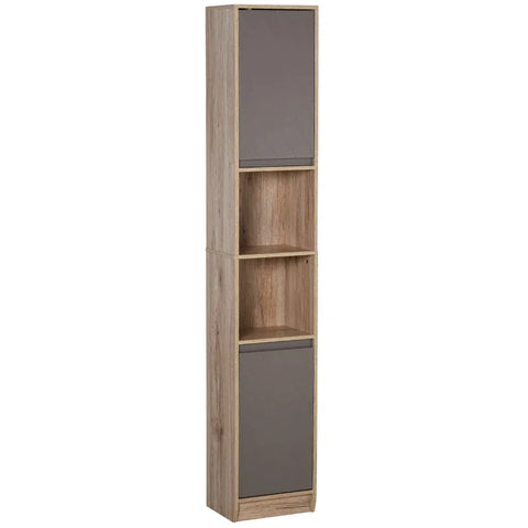 Rootz Bathroom Shelf - Bathroom Cabinet - Kitchen Cabinet - 2 Door Cabinets - 2 Open Shelves - Chipboard + MDF - Gray + Natural - 30 x 24 x 170cm