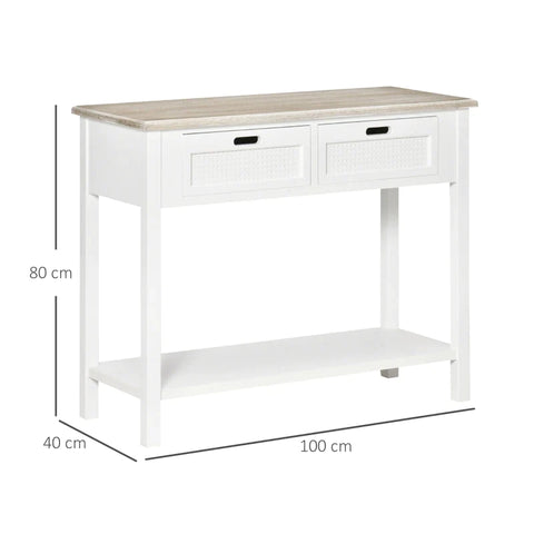 Rootz Console Table - Console Table With 2 Drawers - Retro Design Entrance Hall - Living Room - Bedroom - White + Natural - 100 cm x 40 cm x 80 cm