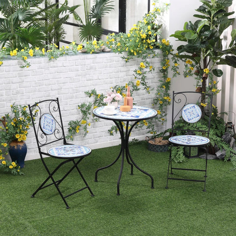 Rootz Bistro-Set – Garten-Sitzgruppe – Garten-Sitzgruppe – Garten-Bistro-Set – 1 Tisch 2 klappbare Stühle – Keramik/Stahl – Schwarz/Blau/Weiß