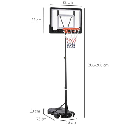 Rootz Basketbalstandaard - In hoogte verstelbaar basketbalsysteem voor kinderen - Basketbalring met wielen - Buitenkant - Staal - PVC - HDPE - Zwart - 83 x 75 x 206-260 cm