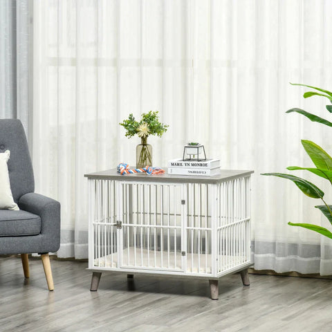 Rootz Hondenkooi - Houten Hondenkooi met Kussen - Decoratieve Hondenbench - Huisdierkooi voor Kleine Middelgrote Honden - Hout - Staal - Wit + Grijs - 86cm x 60cm x 70cm