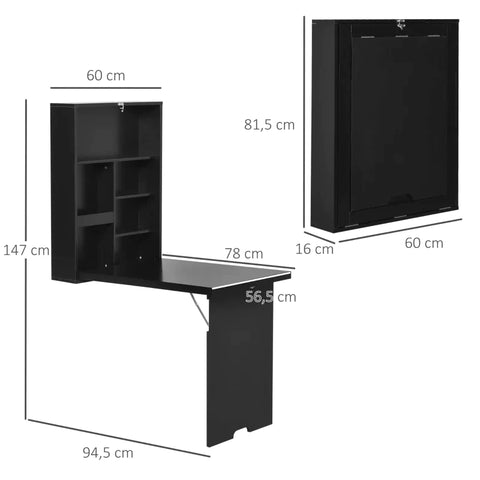 Rootz Wall Table - Folding Wall-Mounted Drop-Leaf Table With Chalkboard Shelf - Multifunction - Black - 60 cm x 94.5 cm x 147 cm