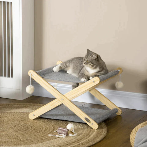 Rootz Cat Bed - Dog Bed - Pet Bed - With Ball Toy - Foldable - With Frame 2 Levels -  Pine Wood - Natural/Gray - 52 x 42 x 33.5 cm
