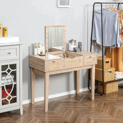 Rootz Dressing Table - Viennese Weave Look With 1 Mirror - 2 Drawers And 1 Storage Compartment - Natural - 100 cm x 46 cm x 78.5 cm