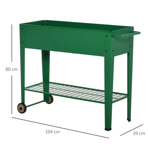 Rootz Raised Bed - Garden Bed - Garden Planter Bed - Flower Box - With Wheels And Shelf - Metal Plastic - Green - 104 x 39 x 80 cm