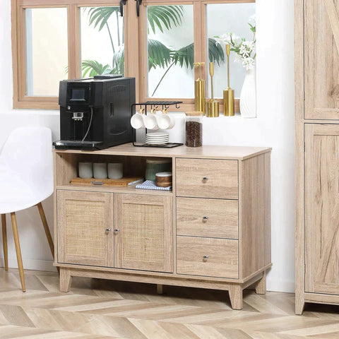 Rootz Sideboard mit Wiener Geflecht – Küchenschrank – 1 Schrank – 3 Schubladen – Natur – 110 cm x 40 cm x 76 cm