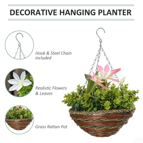 Rootz Clematis Florida Thunb - 2 Artificial Clematis Flowers - Artificial Plants Hanging - Plant Clematis In A Pot - With Hooks Decoration - Pink/Green - 30 x 30 x 32 cm