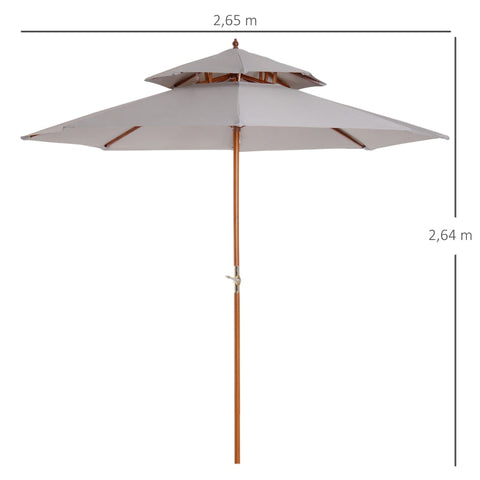 Rootz Double Canopy Parasol - Garden Parasol - Wooden Parasol - Wooden Balcony Parasol - Parasol - Grey - Ø265x H264 CM