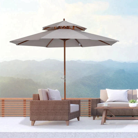 Rootz Double Canopy Parasol - Garden Parasol - Wooden Parasol - Wooden Balcony Parasol - Parasol - Grey - Ø265x H264 CM