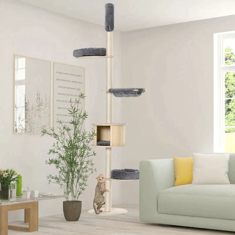 Rootz Krabpaal - Krabpaal - Klimboom voor hoog plafond - Houten kattengrot - Sisal pluche - In hoogte verstelbaar - Grijs - 50 x 50 x 232-252 cm