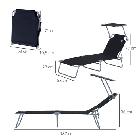 Rootz Sun Lounger - Garden Lounger - Lounger Beach - Foldable Sun Lounger - With Sun Protection - Black - 187 x 58 x 36 cm