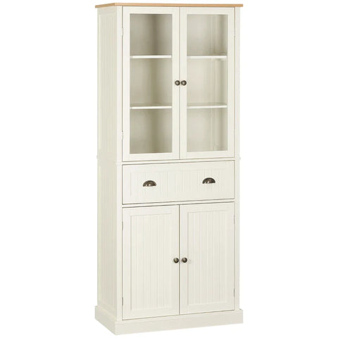 Rootz Kitchen Cabinet - Freestanding Kitchen Cupboard - 5-tier Storage Cabinet - 2 Cabinets - 2 Drawers - 2 Glass Doors With Window Bars - Creamy White - 76 cm x 40 cm x 182.5 cm