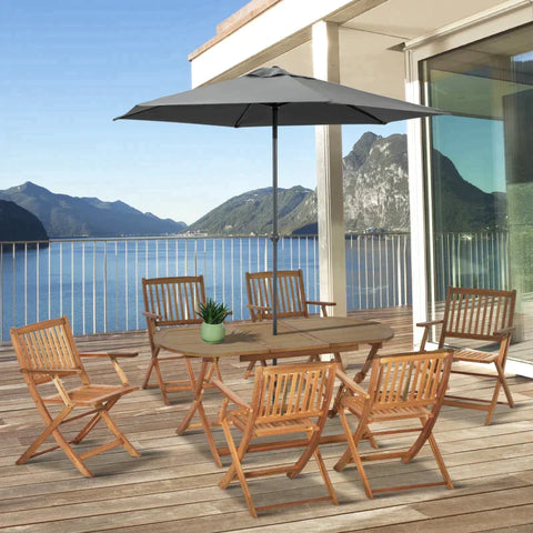 Rootz Dining Set - 7 Piece Wooden Garden Dining Set - With Umbrella Hole - Folding Dining Table And Armchairs - With Parasol Hole - 6 Seater Outdoor Patio Furniture - Poplar - Natural