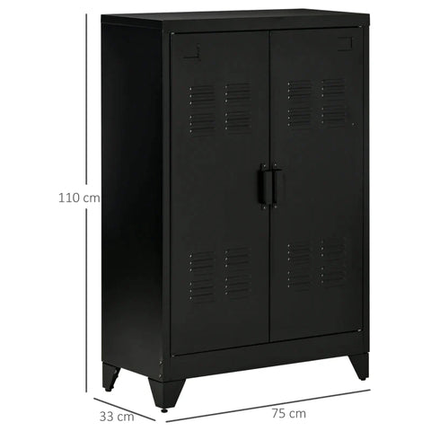 Rootz Sideboard - Filing Cabinet With Louvered Doors Wardrobe - Storage Cabinet - Industrial Metal Cabinet With 2 Adjustable Shelves - Living Room - Bedroom - Black - 75 x 33 x 110 cm