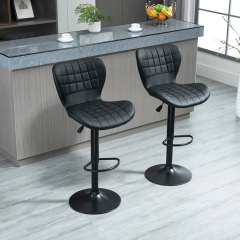 Rootz Set Of 2 Bar Stools - Retro Design - Home Bars - Kitchens - Faux Leather - Metal - Black - 47 cm x 56 cm x 89-109 cm