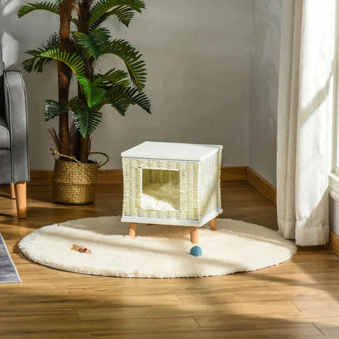 Rootz Kattenhuis - Kattenhol met Kussen - Kattenslaapplaats - Rotan Kattenmand - Kattenhut - Kattenbed - Dierenbed - Beige + Wit + Natuur - 36 x 36 x 40 cm