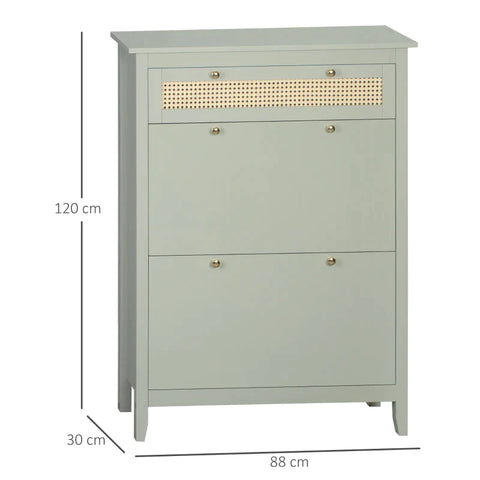 Rootz Shoe Cabinet - Shoe Chest - 2 Tilting Drawers - Stripes In Rattan Look - Anti-tip - MDF/Plastic Rattan - Green - 88 x 30 x 120cm