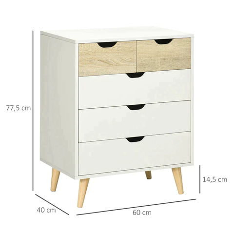 Rootz Chest Of Drawers - Cabinet - 5 Drawers - Anti-tilt - Modern Design - Pine Wood - White + Light Brown - 60 x 40 x 77.5 cm