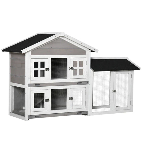 Rootz Konijnenhok - Knaagdierenhok - 2 niveaus - Dennenhout - Buiten Binnen Kooi voor kleine dieren - Verwijderbare vloerbak - Grijs + Zwart + Wit - 150 x 55 x 91 cm