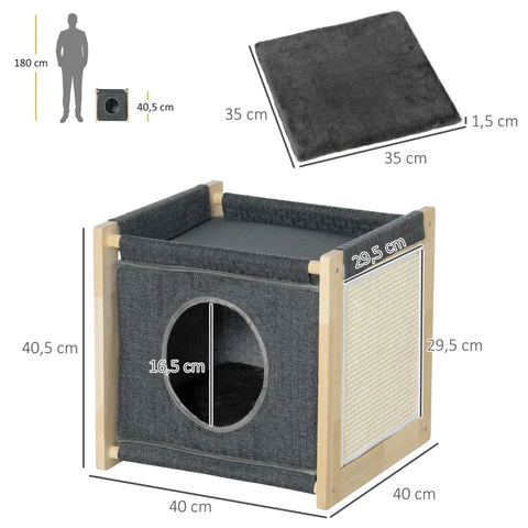 Rootz Cat House - Cat Cave - 2 Tier Cat Cave - 1 Cushion - 1 Scratch Pad - Dark Gray/Natural - 40cm x 40cm x 40.5cm