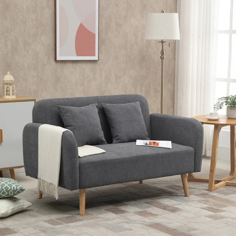 Rootz Double Sofa - Upholstery With Cushions - Compact Design - Two-seater - Adjustable Height Of The Footrests - Velvety Polyester - Rubber Wood - Foam - Grey + Natural - 130 x 70 x 80 cm