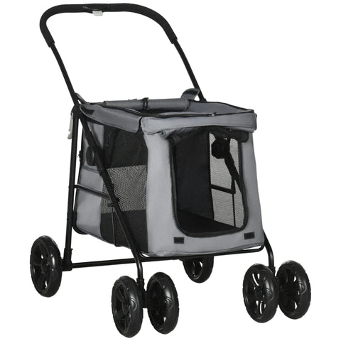 Rootz Dog Trolley With Cushion - 3 Side Pockets - Foldable Dog Trolley - Safety Leashes - Storage Bags - Gray + Black - 102 cm x 62 cm x 105 cm