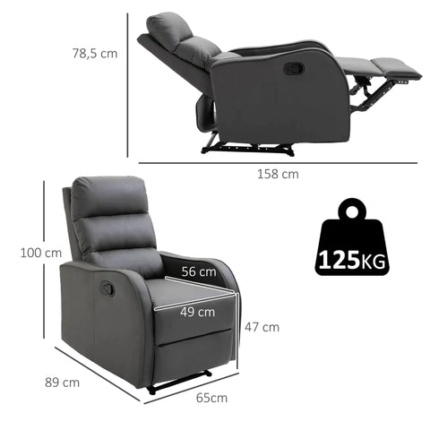 Rootz Relax Chair - Footrest - Recliner Chair - Fold-out Footrest -  Living Room Or Office - Faux Leather - Dark Gray - 89L x 65W x 100H cm