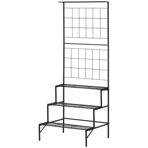 Rootz Plantenrek - Plantenrek met 3 Lagen en Trellis - Metaal - Zwart - 60 x 53,5 x 159,5 cm