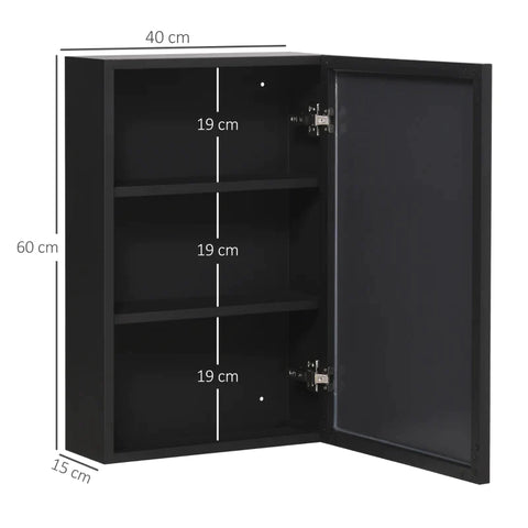 Rootz Mirror Cabinet - 3 Shelves - Soft Hinges - Steel Housing - Stainless Steel - Black - 40 x 15 x 60 cm