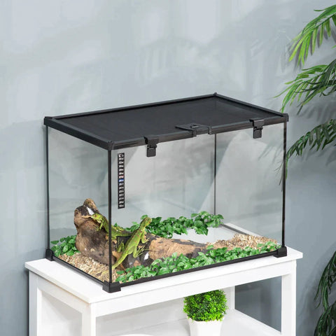 Rootz Terrarium – Terrarium für Reptilien – Reptilien-Futterbox – Glasterrarium – Amphibien-Spinnentiere mit Thermometer, Reptilien-Zuchtbox – Metall – Schwarz – 50 x 30 x 35 cm