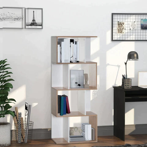 Rootz Bookshelf - Four-Tier S-shaped bookshelf - White & Oak Tone - 60W x 24D x 148H cm