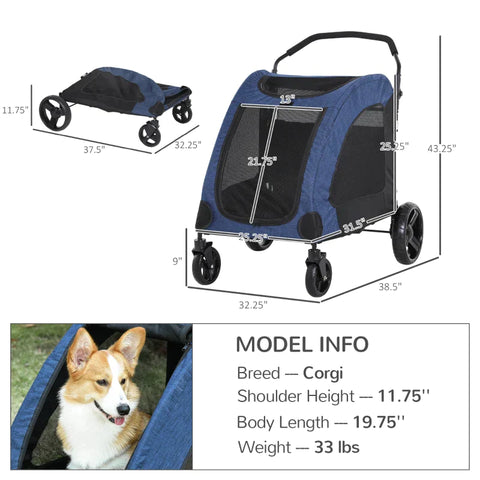 Rootz Pet Trolley - Pet Stroller - Pet Buggy - Dog Buggy - Dog Trailer - Pet Trailer - Blue\Black - 98 x 82 x 110 cm