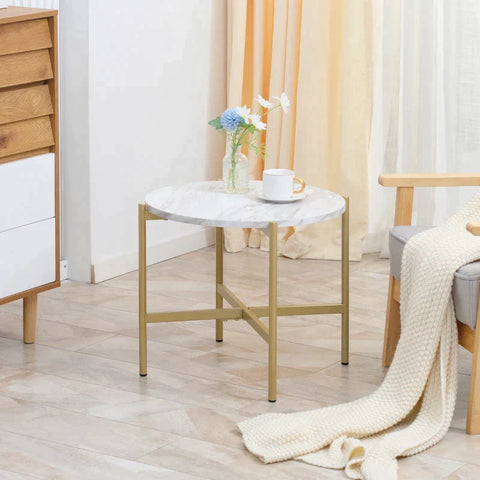 Rootz Side Table - Industrial Design - Table Top In Marble Look - Gold + White - 55 cm x 55 cm x 45 cm