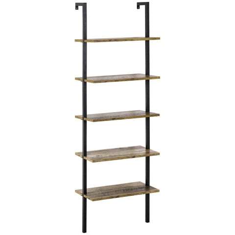 Rootz Shelf - Bookshelf - Wall Mounted Ladder Shelf - Industrial Design - 5 Shelves - Chipboard/Metal - Brown/Black - 60 cm x 30 cm x 184.5 cm